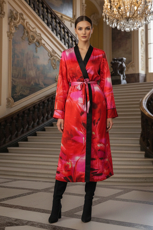 hot pink robe, silk kimono, long belted robe, luxury womenswear, statement kimono