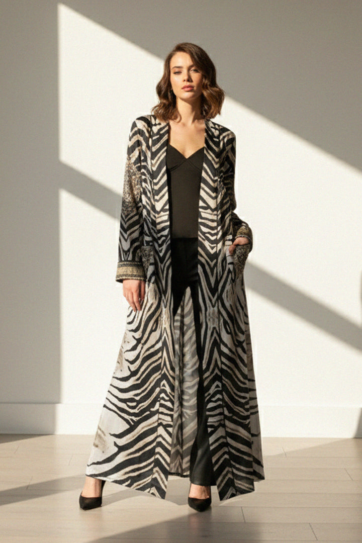 zebra print, long kimono, womens robe, modern resort, chic layering, black outfit