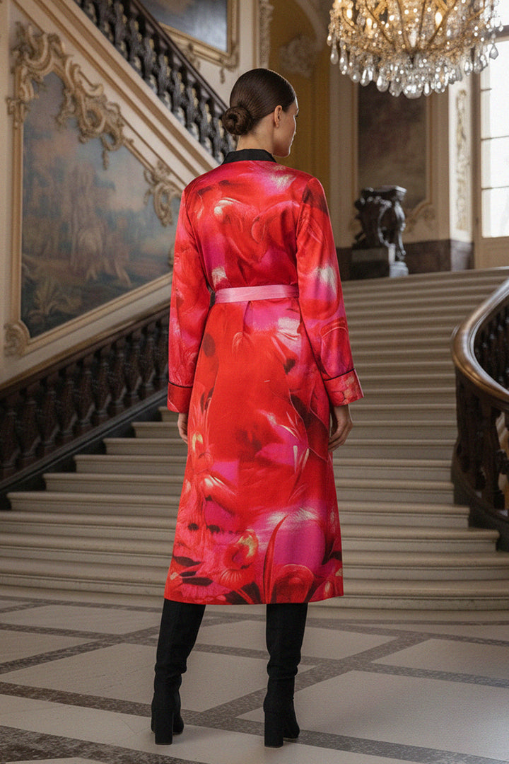 statement silk robe, womens kimono robe, pink floral silk, high fashion kimono, long vibrant robe