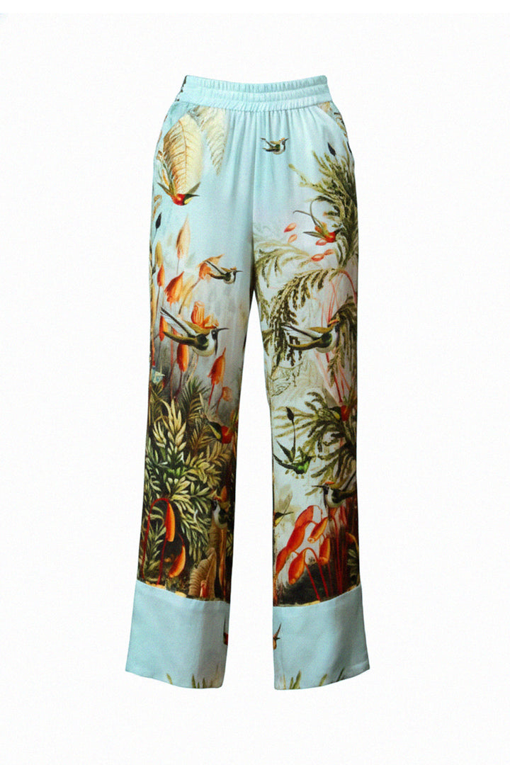 shahida parides, designer womens pants, luxury silk trousers, fluid fit pants, kyle richards line, resort chic trousers, printed womens silk