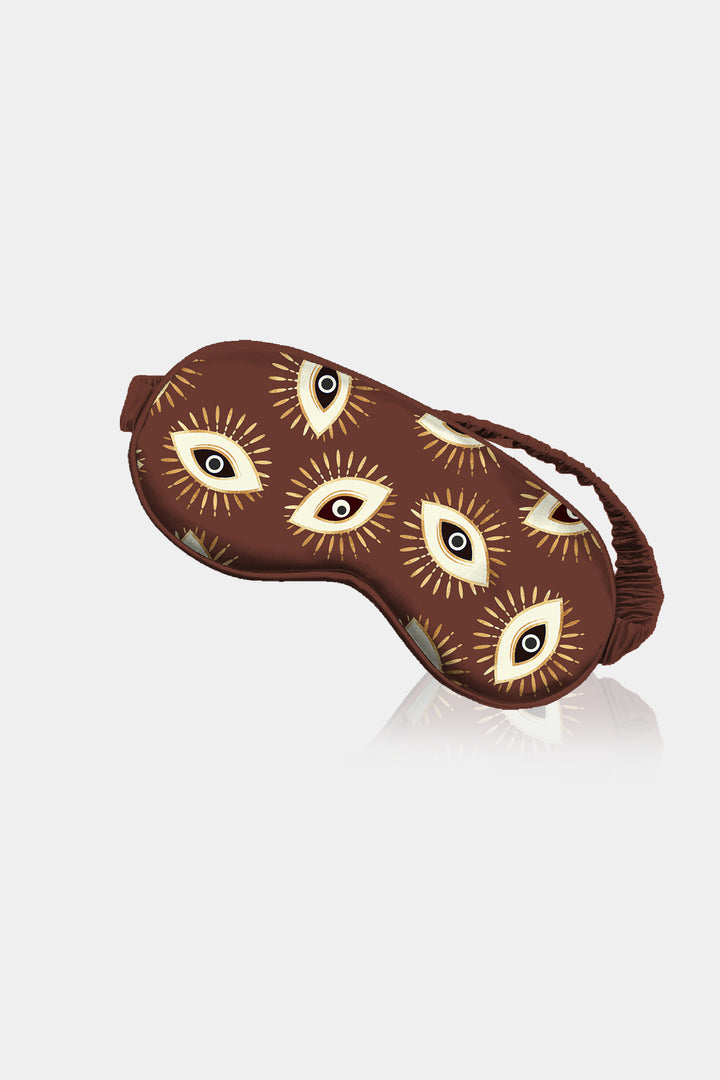 brown eye mask, evil eye print, soft sleep mask, women’s accessory, protective motif