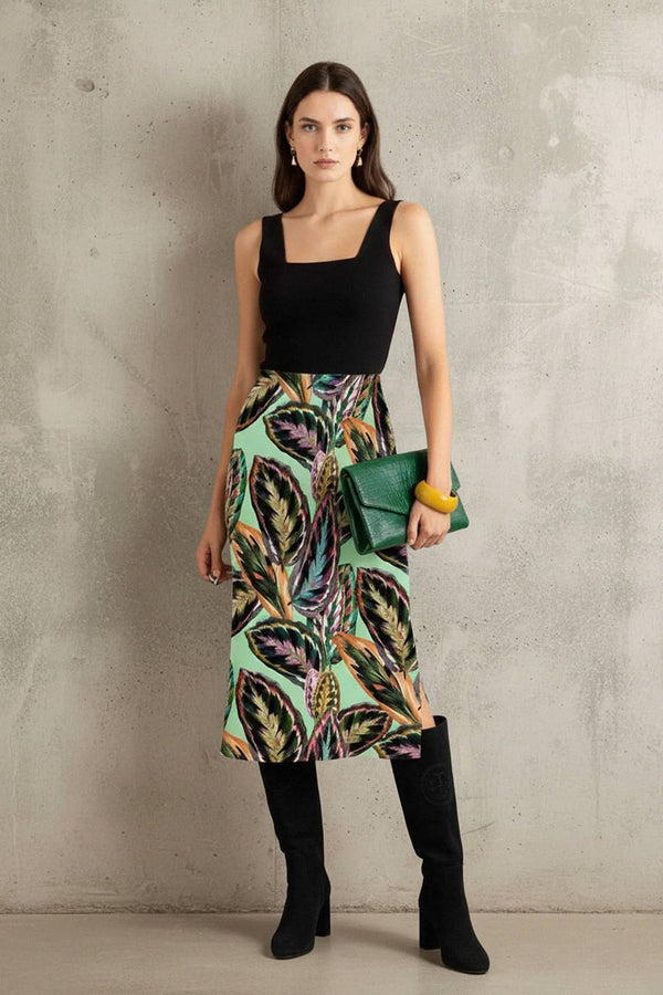 shahida parides, leaf print skirt, vegan silk, green midi skirt, botanical pattern, chic outfit, modern style