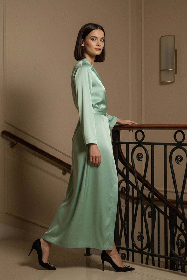 shahida parides, mint wrap dress, satin formal gown, long sleeve design, elegant waist tie