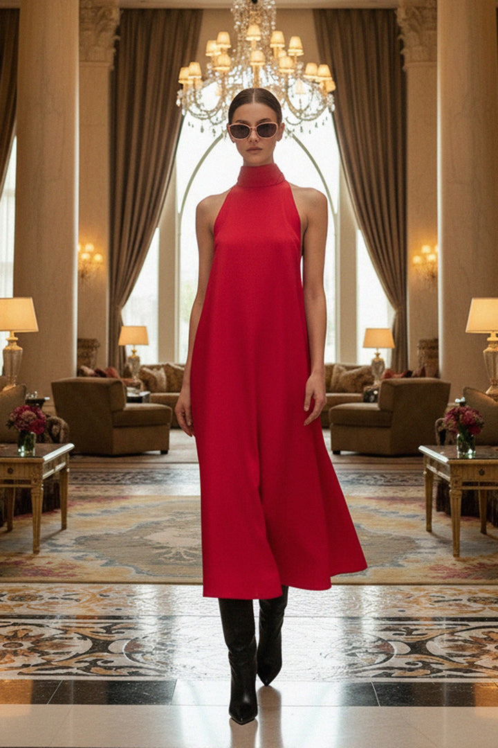 red halter neck dress, elegant luxury fashion, stylish red gown, chic halter neck outfit, designer red evening dress, sophisticated red fashion, luxury red designer wear, fashionable halter dress, classy red fashion look, couture red gown