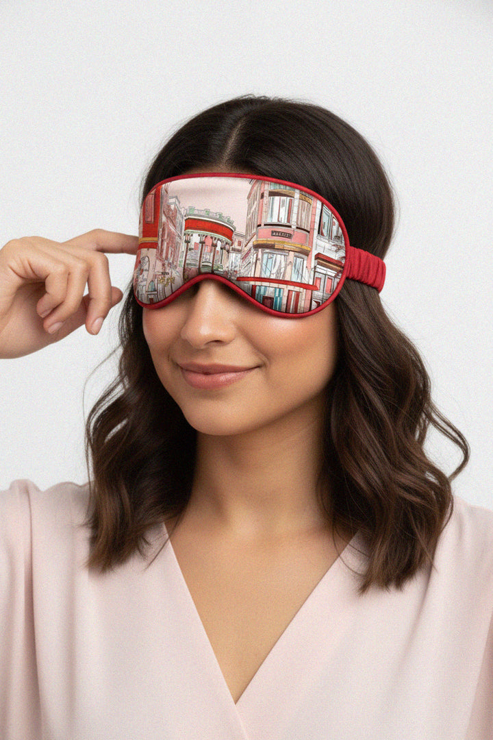 elegant sleep, travel comfort, illustrated mask, red silk, women accessory, soft padding