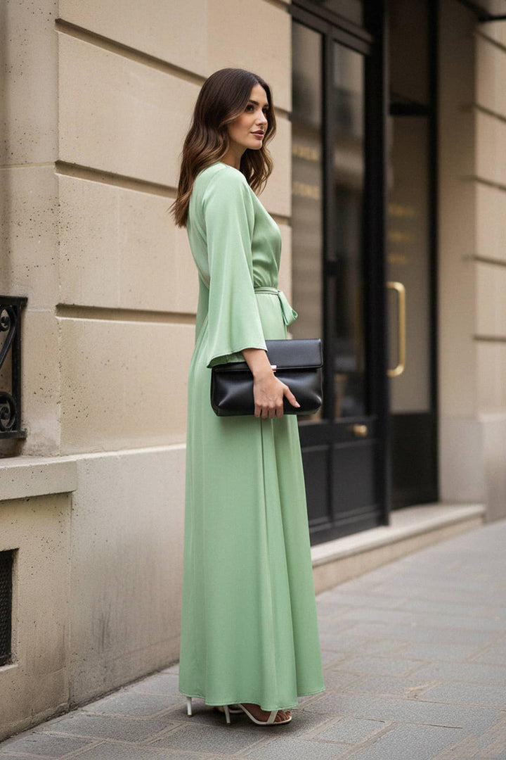 shahida parides, mint maxi, wrap style, eco silk, right pose, slit gown, elegant dress, satin shine