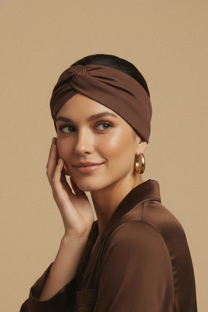 twist headband, eco material, warm brown, soft sheen, luxury wrap, stylish accessory