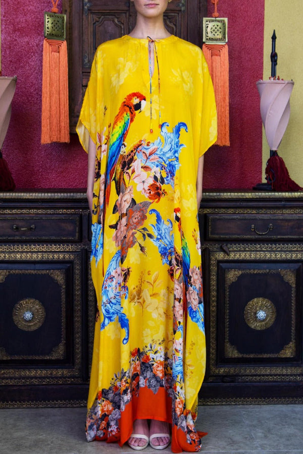 Yellow Tropical Bird Print Maxi Caftan