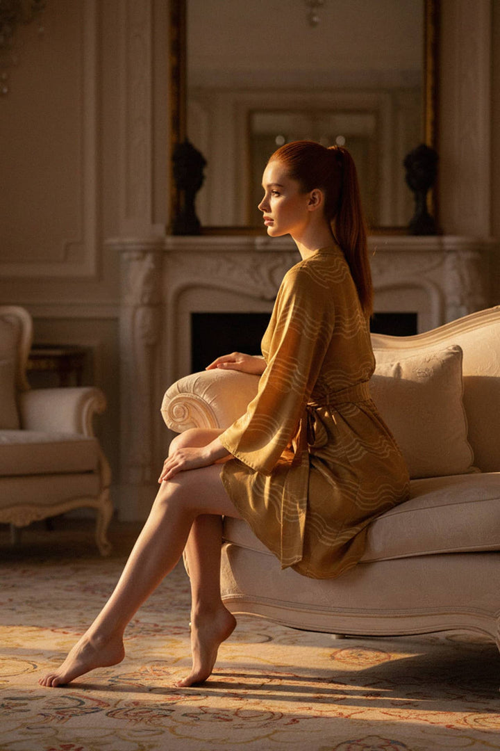 short silk, gold robe, subtle stripes, luxury style, tied waist, breezy sleeves, chic mini