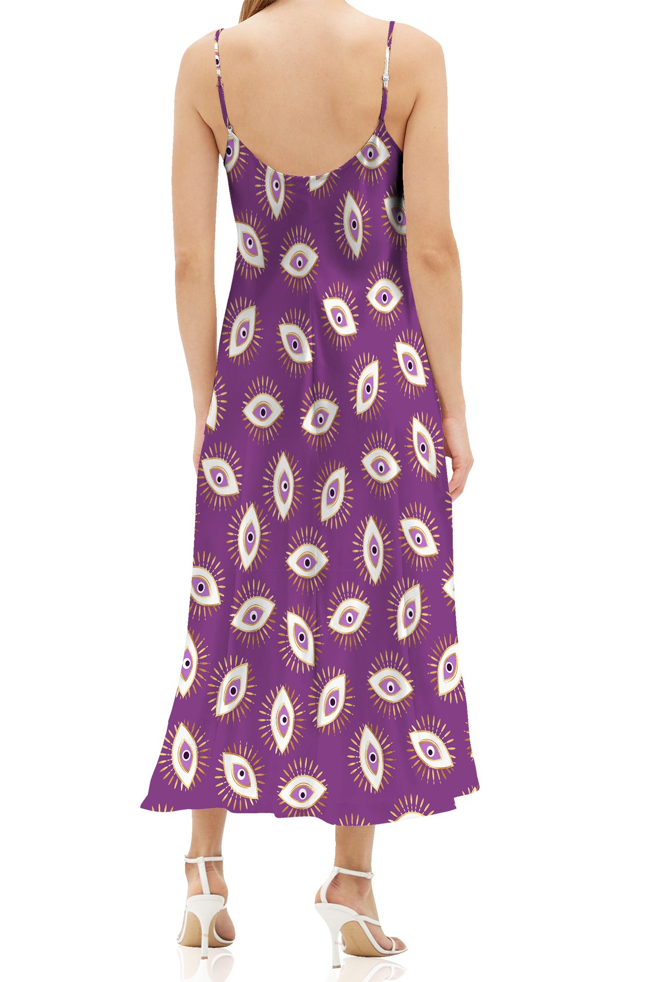 "purple cami dress" "evil eye print dress" "cami strap midi dress" "Kyle X Shahida"