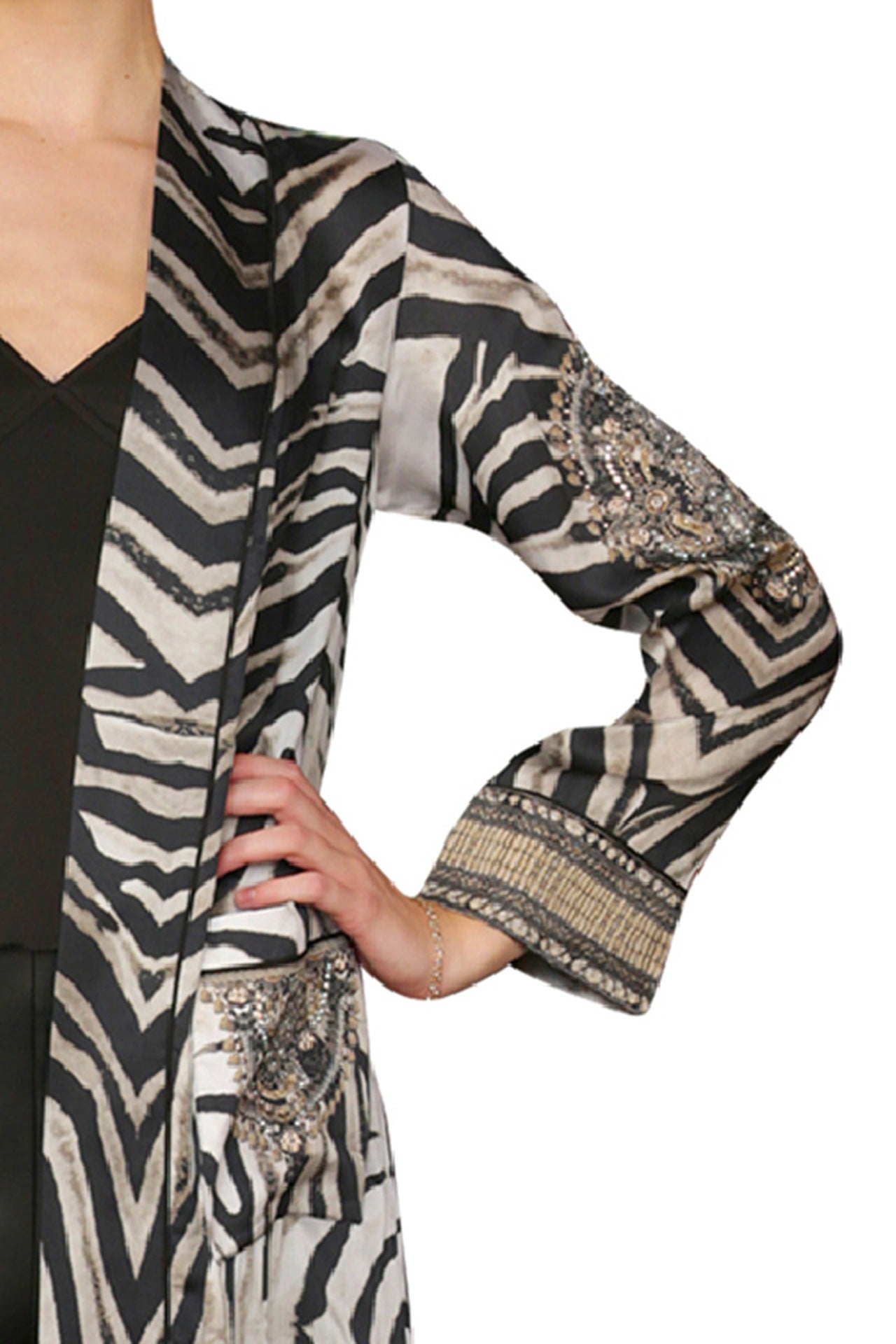"womens zebra robe" "printed silk robe" "Kyle X Shahida" "kimono silk robe women's" 