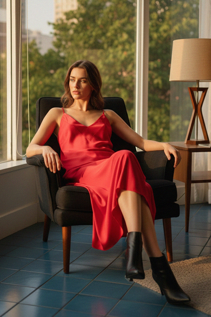 shahida-kyle-richards, minimalist satin, women’s dress, soft fabric, red slip dress, midi length