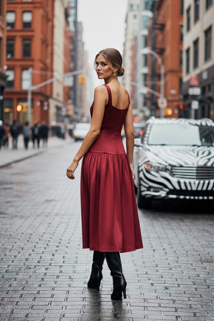 Shahida Parides,
midi dress with satin fabric,
satin flare dress for women,