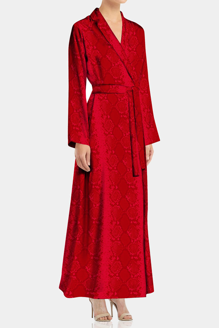 cupro fashion dress, wrap style dress, sustainable womenswear, designer long dress, shahida kyle, blood stone wrap