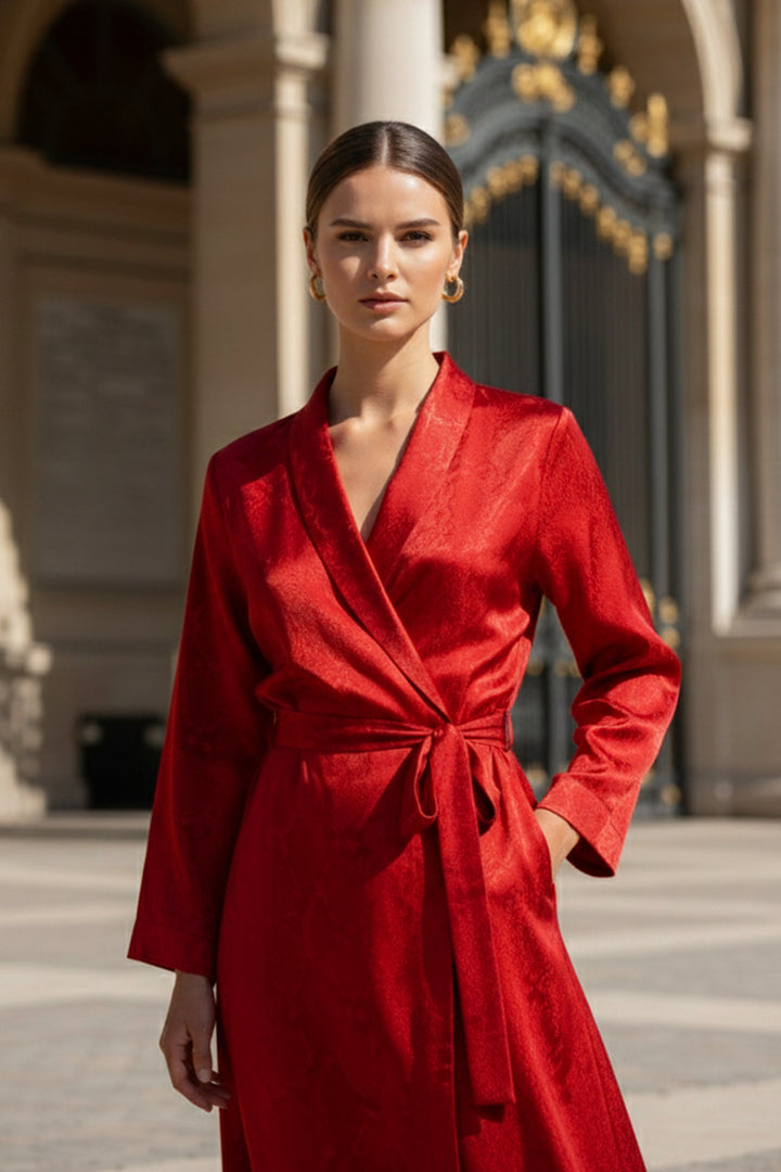 solid color dress, eco fashion wrap, womens full length wear, shahida kyle richards brand, cupro gown, sustainable luxury fashion