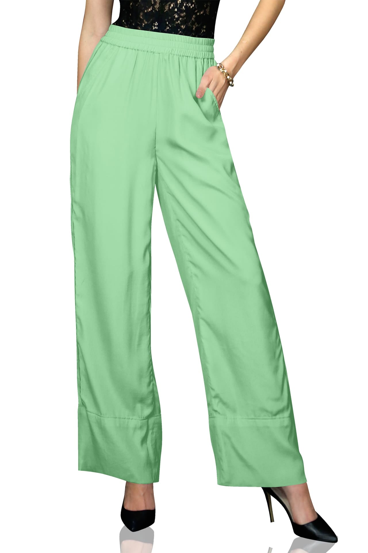 "wide leg plazzo pants" "straight leg pull on pants" "Kyle X Shahida" "green dress pants womens"