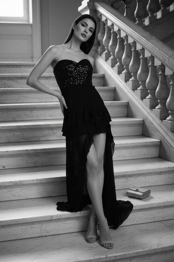 sparkling strapless high-low dress for special events, Kyle X Shahida,