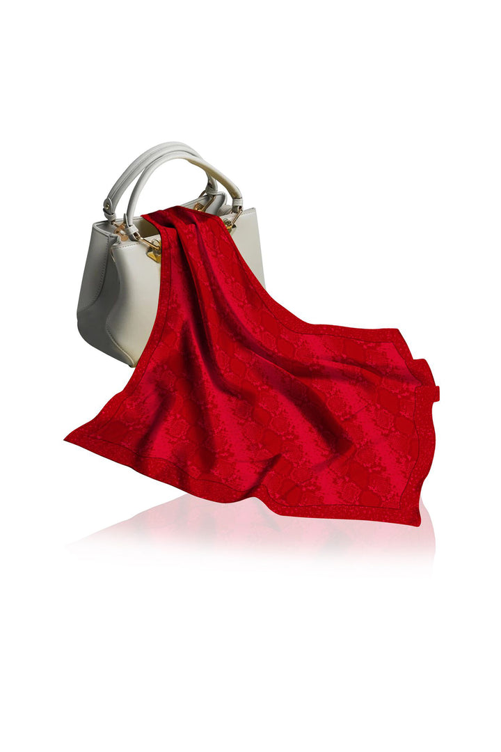shahida-kyle-richards brand, eco red wrap, biodegradable scarf style, chic red fashion, city street glamour, premium satin look