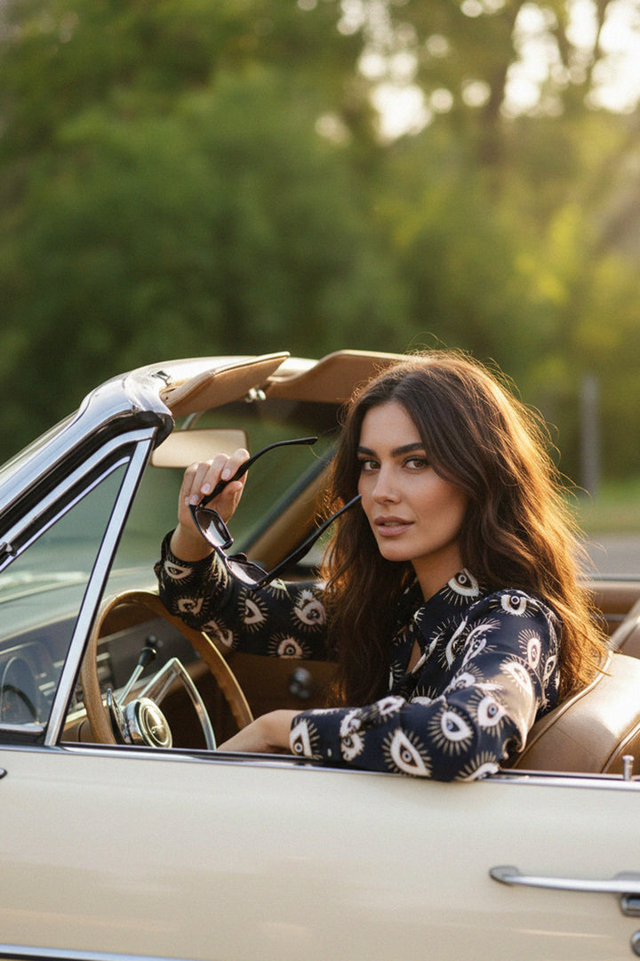 printed top, button down shirt, shahida-kyle-richards, elegant blouse, eye motif shirt, fashion wear