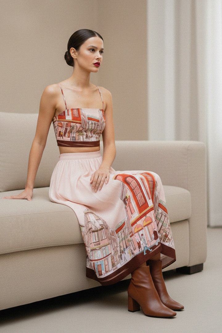 flowy skirt combo, feminine set look, resort outfit style, trendy co-ord wear, shahida-kyle-richards