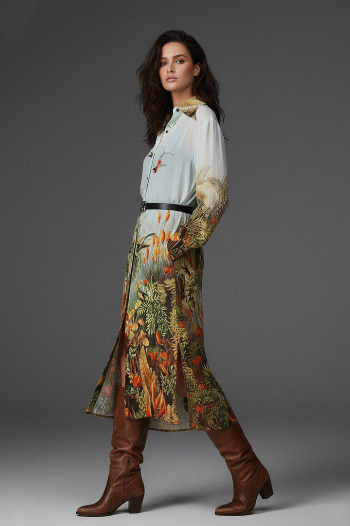 shahida-kyle-richards, forest print dress, button down design, long collar outfit, womens fall fashion