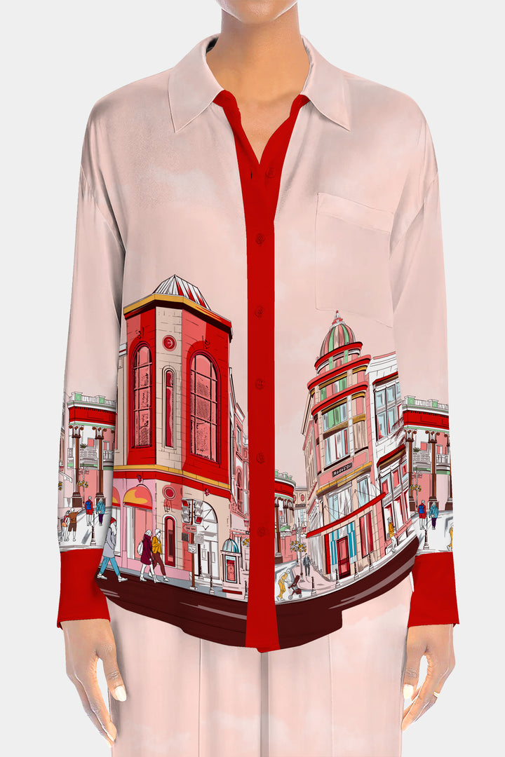 everyday western wear, fashion rodeo prints, chic cowgirl shirt, modern western look, Kyle-X-Shahida-Rodeo-Drive-Print