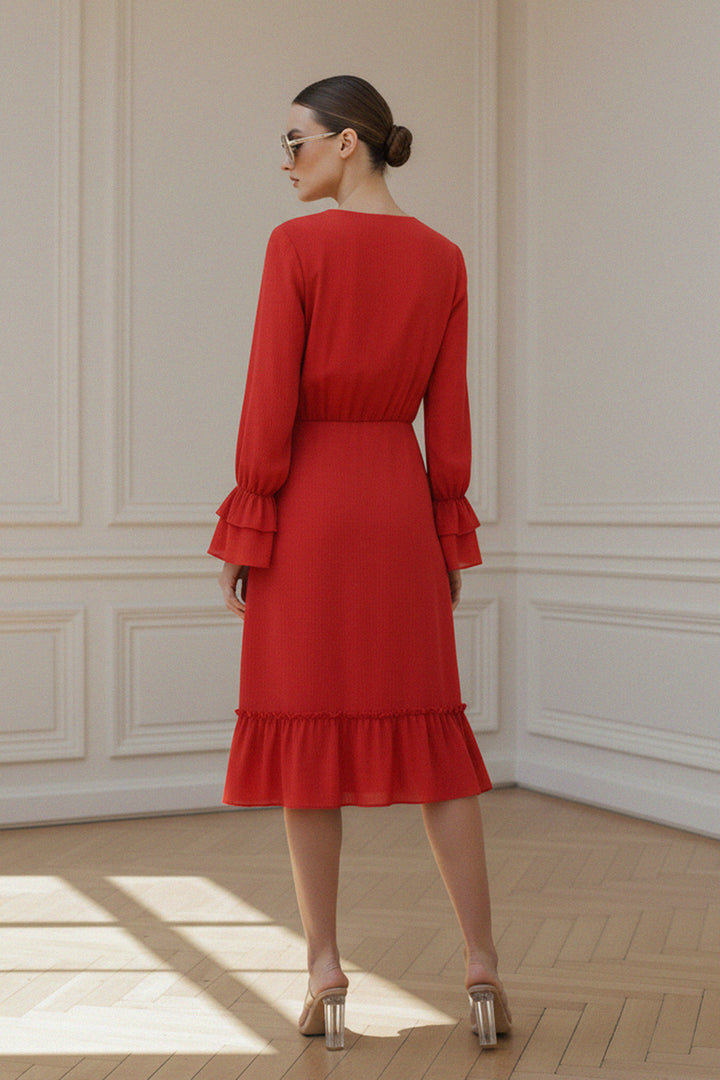 stylish wear, semi formal, red fashion, sleeve ruffle, elegant design, day event, casual chic