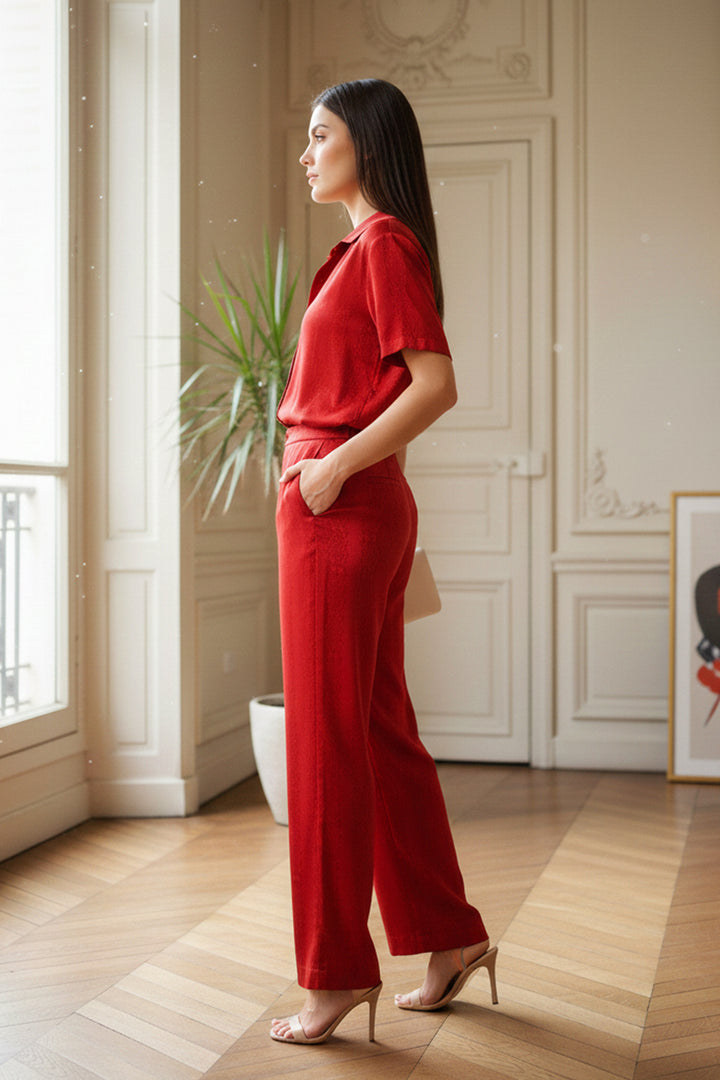 shahida-kyle-richards, satin silk blouse, eco cupro shirt, blood stone red, biodegradable fabric, luxury eco style