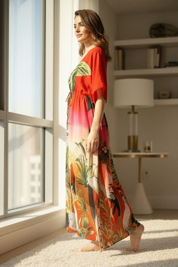 high end womens wear, printed silk dress, kaftan gowns women, relaxed fit dress, premium boho kaftan