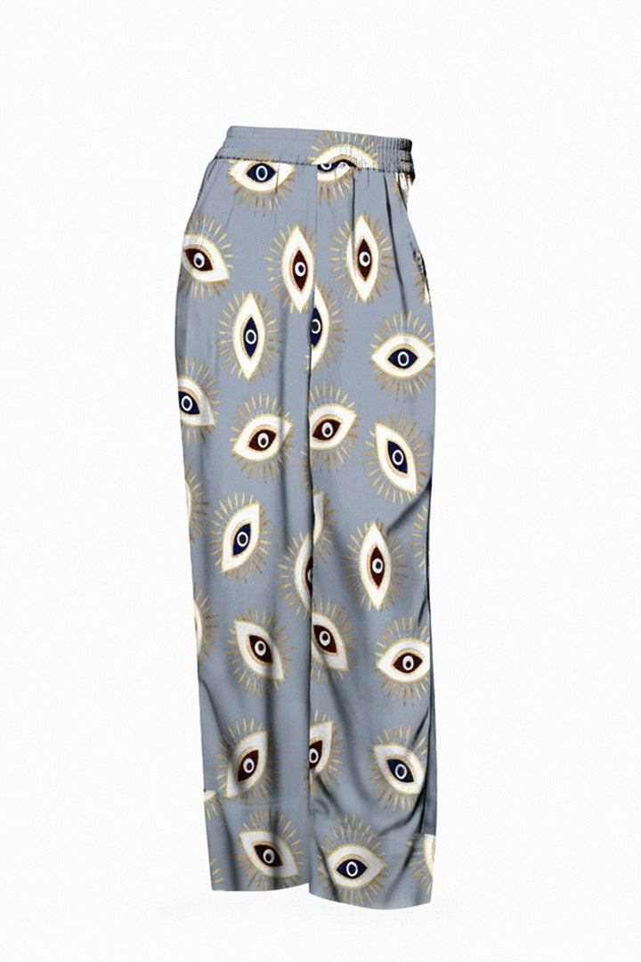 vegan silk pants, evil eye print, grey designer pants, sustainable fashion, cupro trousers, shahida parides