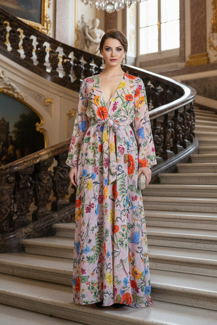 glamorous style, bold pattern, fashion shoot, soft flow, waist tie, elegant floral, shahida-kyle-richards