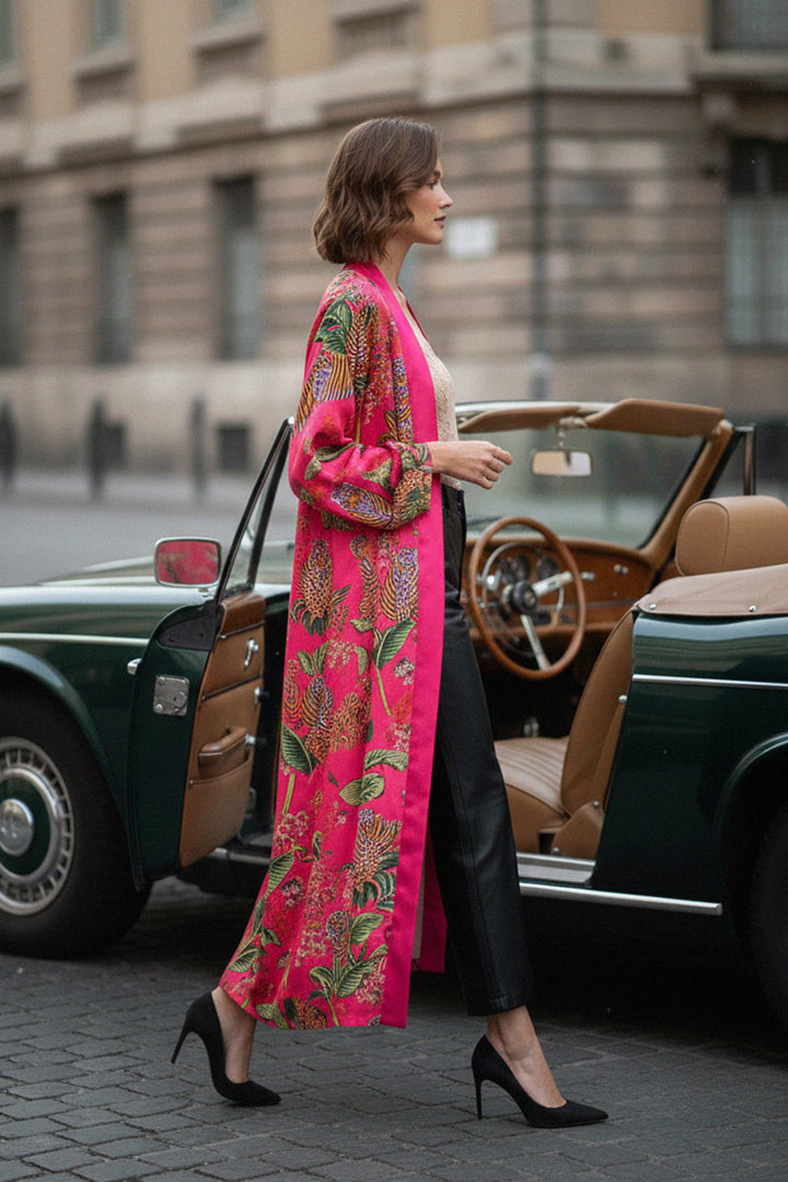 pink kimono, tropical print, silk robe style, chic womenswear, modern kimono, layering piece