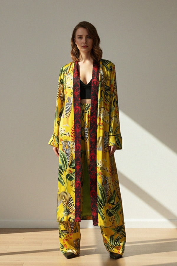 silk kimono, tropical print, luxury robe, resort wear, yellow kimono, long robe, women’s fashion