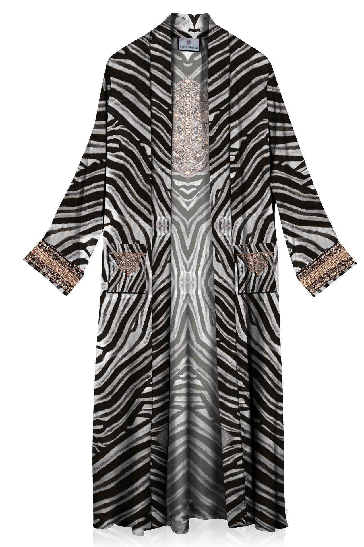 "zebra silk robe" "womens long kimono robe" "long kimono silk robe" "Kyle X Shahida" 