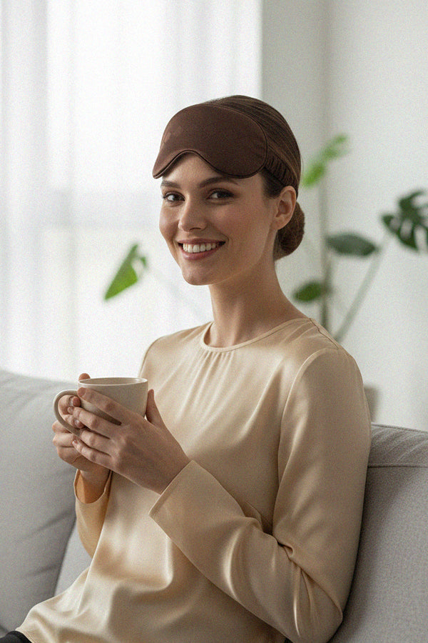 vegan silk, eye mask, luxury sleep, soft loungewear, morning routine, relaxation accessory, cozy home