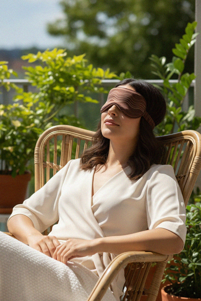 luxury eye mask, brown stripes, outdoor relaxation, soft sleepwear, women comfort