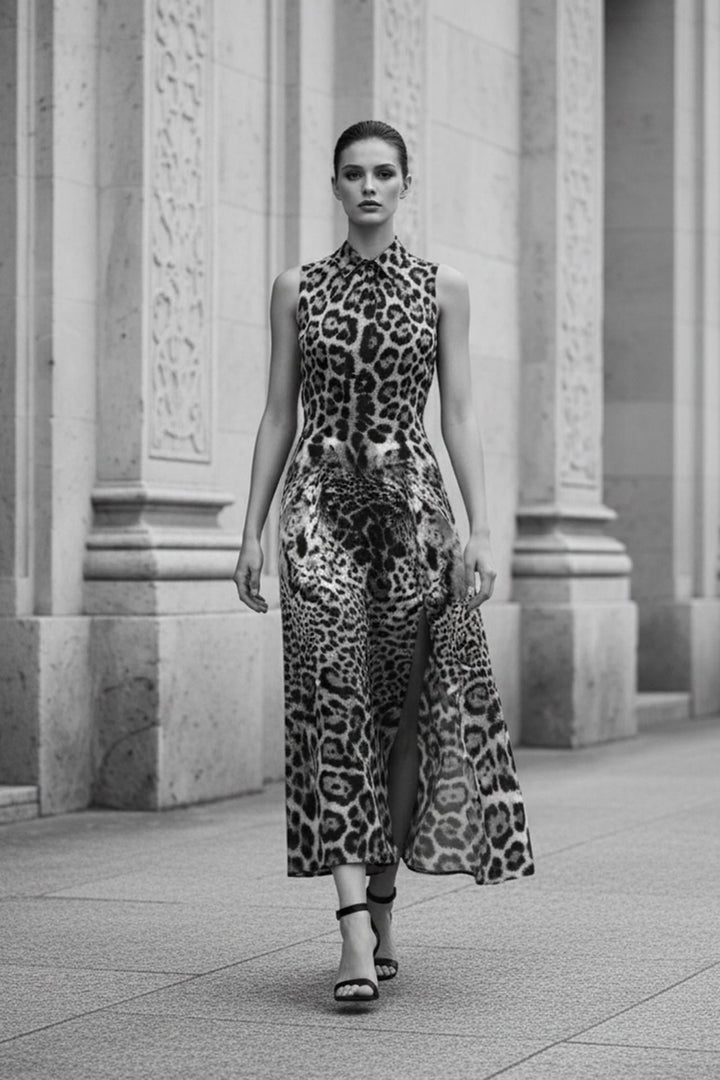 animal print collared maxi dress with flowing hemline, shahida-kyle-richards,