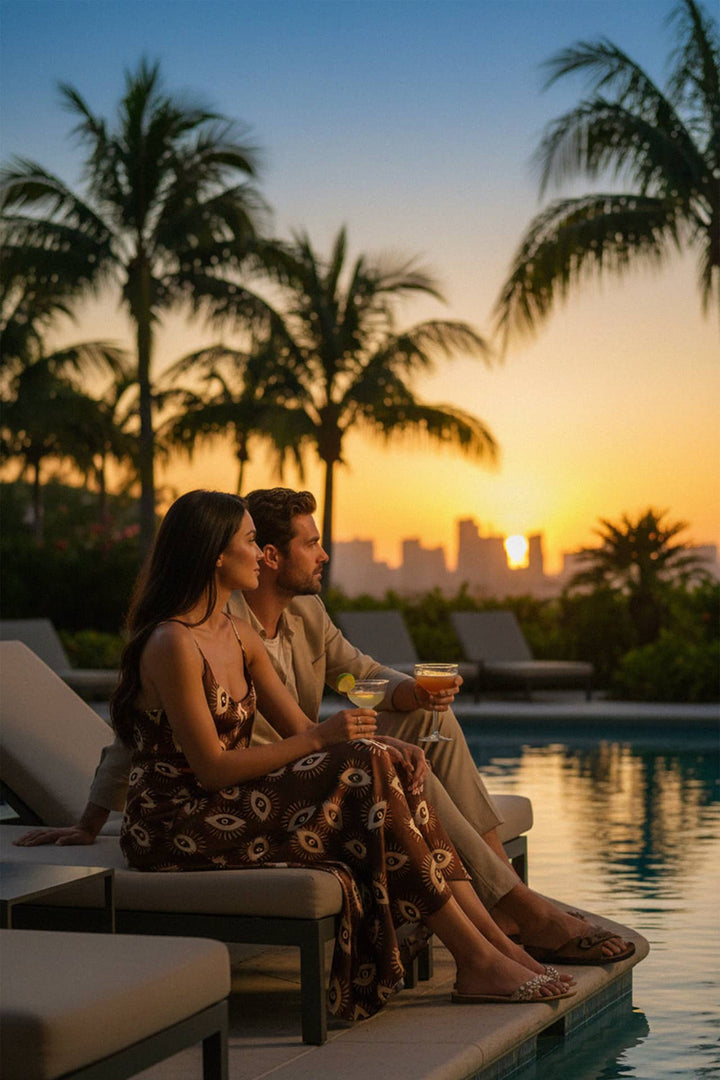 luxury resort wear, brown print dress, sunset fashion, summer cami dress, poolside fashion