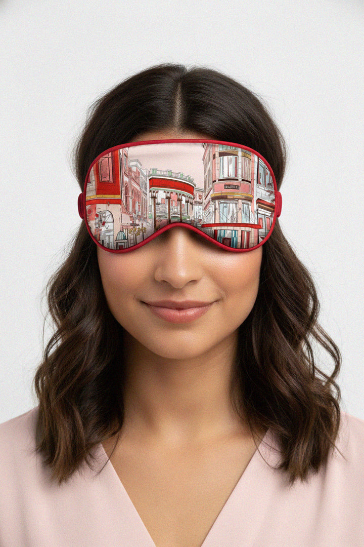 silk eye mask, rodeo drive, travel accessory, luxury sleepwear, city print, red trim