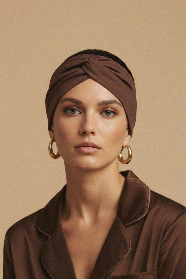 vegan silk, brown headband, turban style, eco accessory, soft fabric, fashion shoot