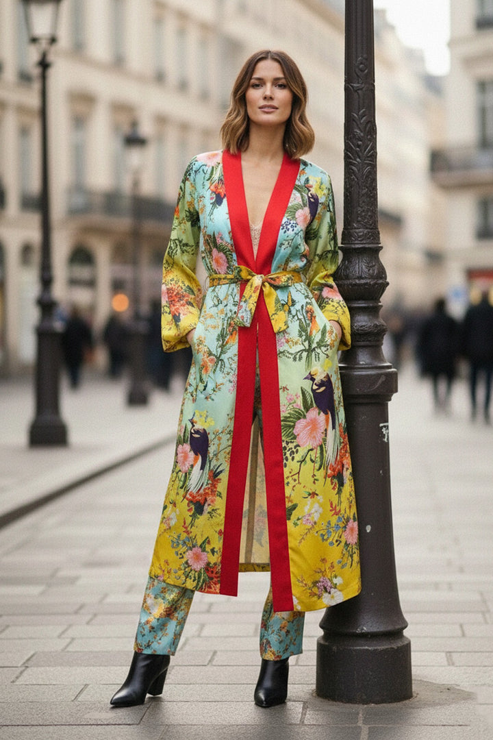 silk fashion, statement coat, long robe, elegant wear, tropical design, bold fashion, shahida-kyle-richards, city style
