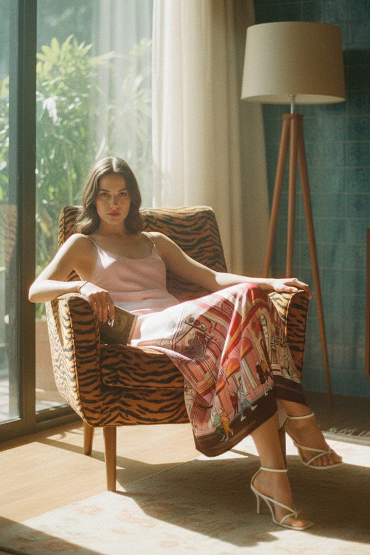 modern midi dress, soft printed satin, elegant women outfit, bold slip style, Kyle-X-Shahida