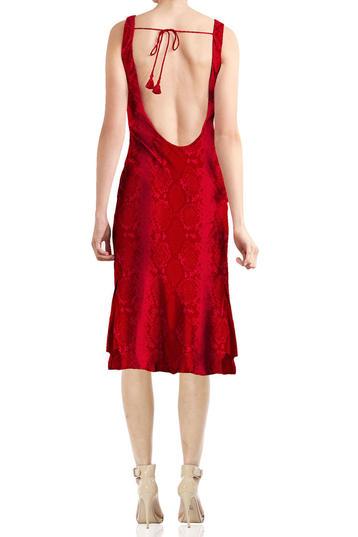 womens red dress, cami midi dress, snake pattern dress, red fashion piece, stylish midi dress, modern womenswear