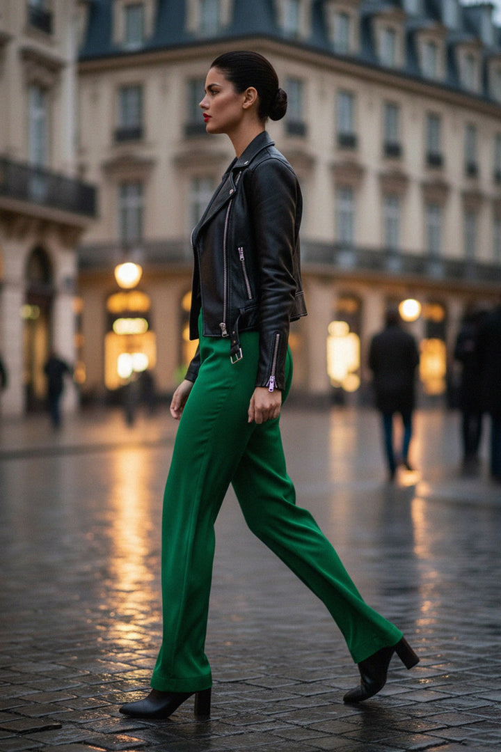 women’s green pants, Shahida Parides outfit, left profile image, wide leg fashion, satin trousers, chic street style, evening elegance, urban wear, modern women, leather jacket outfit, classy fashion, stylish pants
