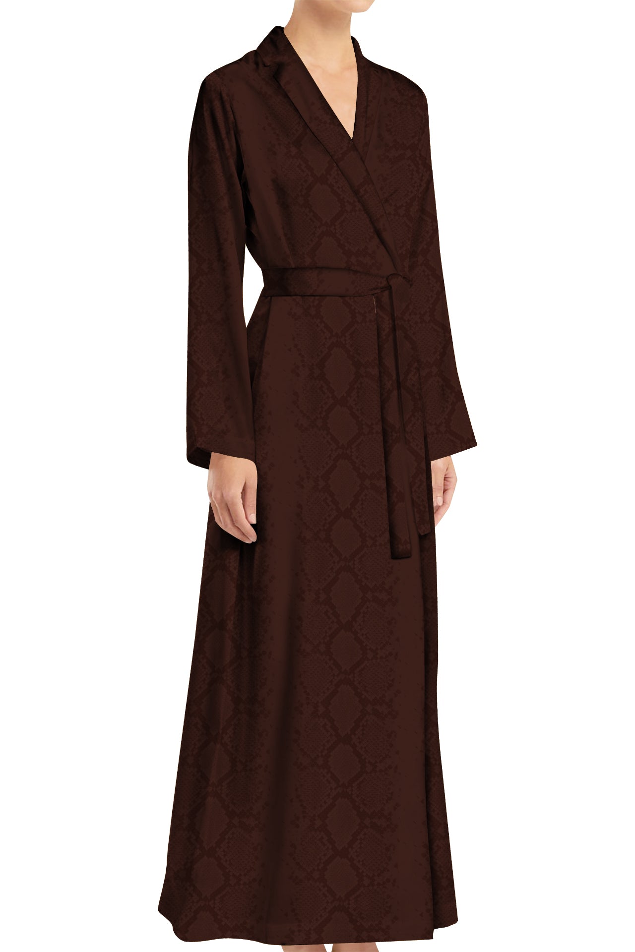  "womens brown wrap dress" "floor length wrap dress" "snakeskin dress" "Kyle X Shahida"