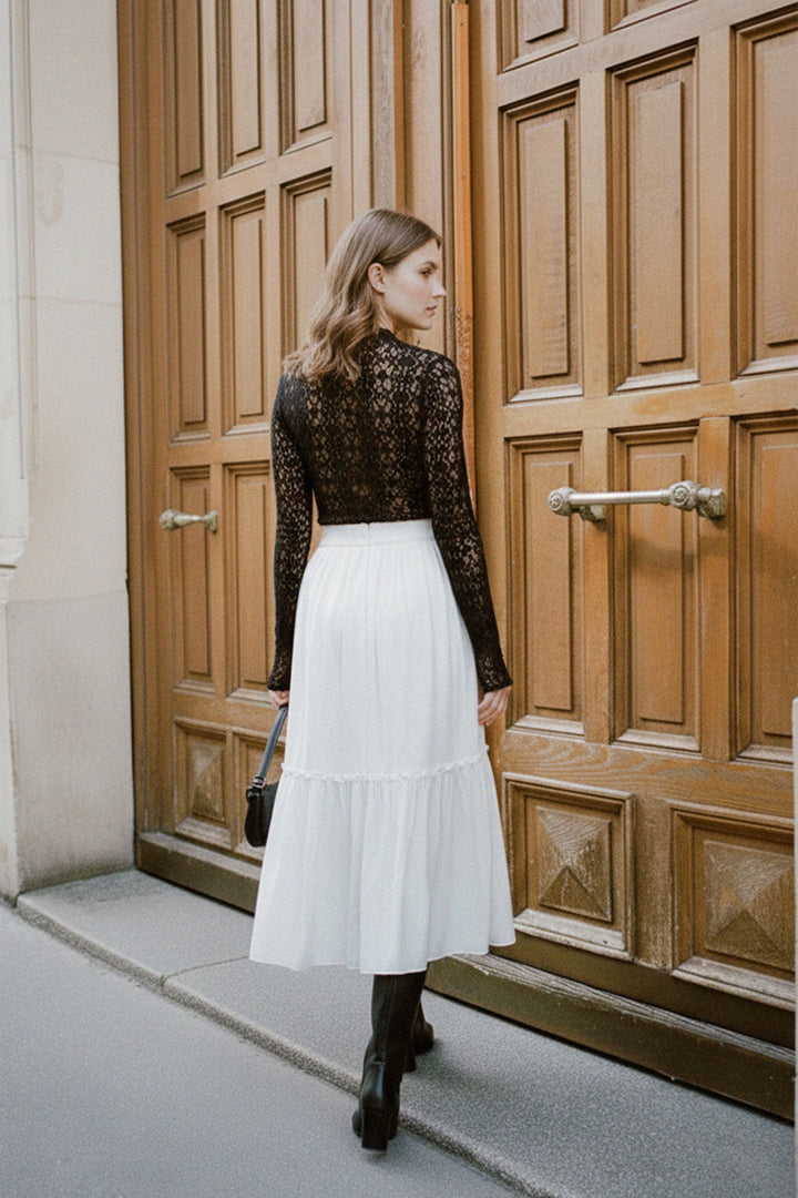 N ea Pari,
tiered skirt midi length,
pleated tiered midi skirt,
flowy midi tiered skirt,