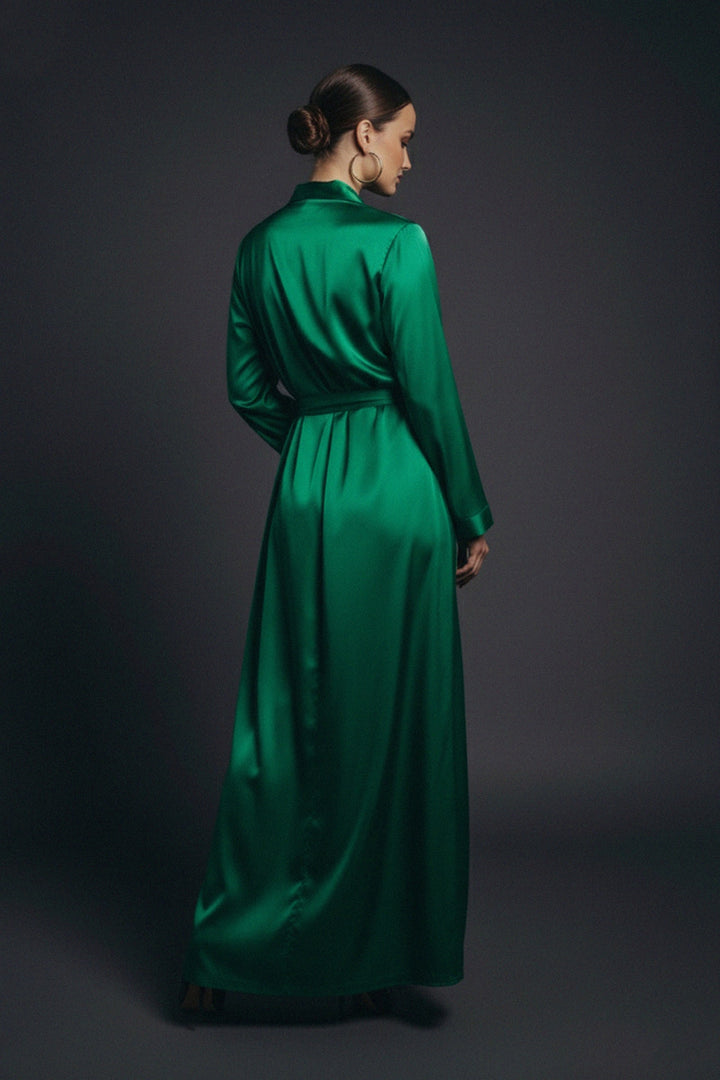 women’s wrap dress, long sleeve gown, Kyle X Shahida, green satin dress, elegant maxi dress, silk wrap style, belted waist design, luxury fashion, formal gown, chic outfit, evening wear, satin elegance