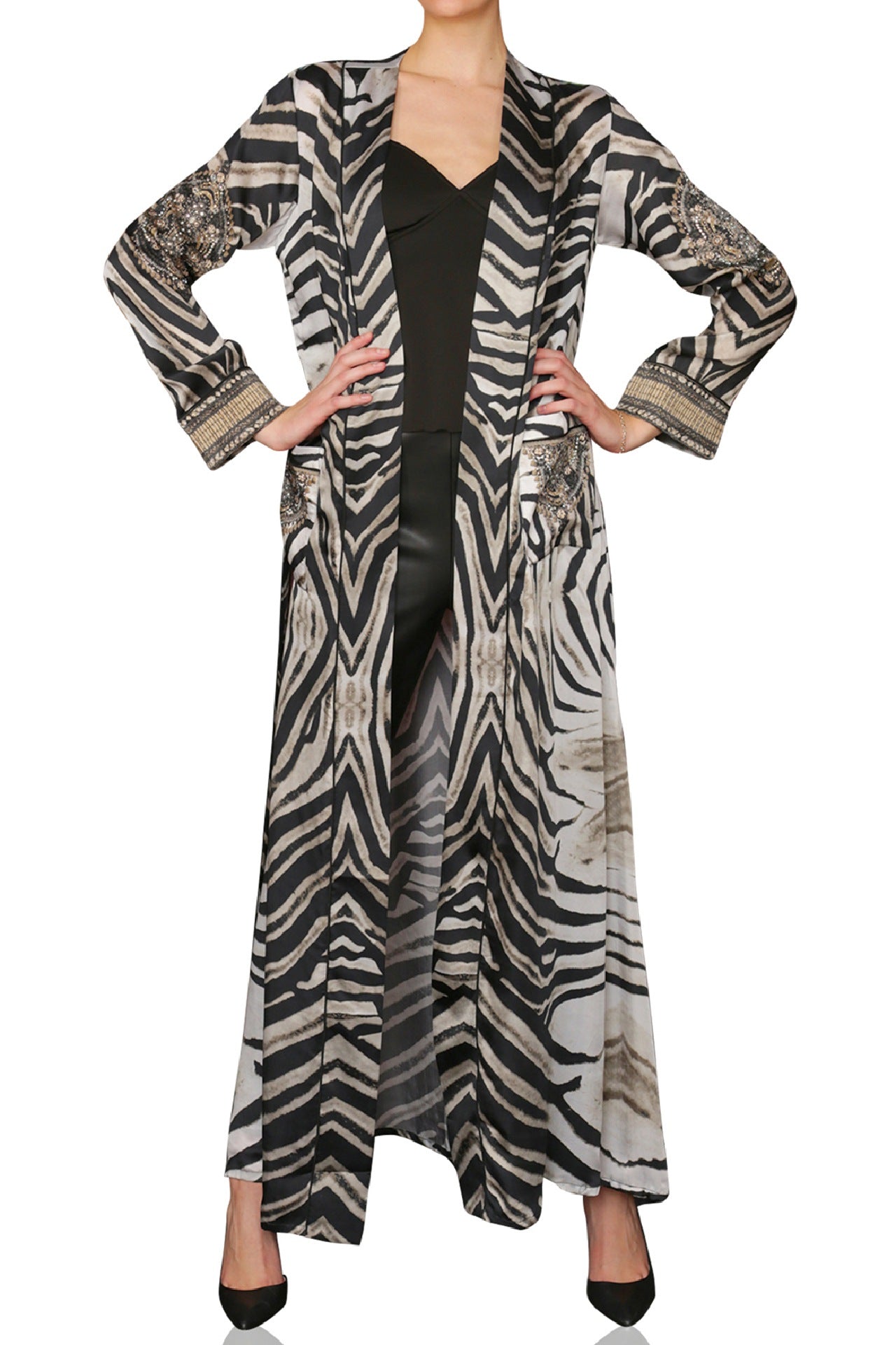 "zebra print dressing gown" "womens long silk robe" "womens long kimono robe" "Kyle X Shahida" 