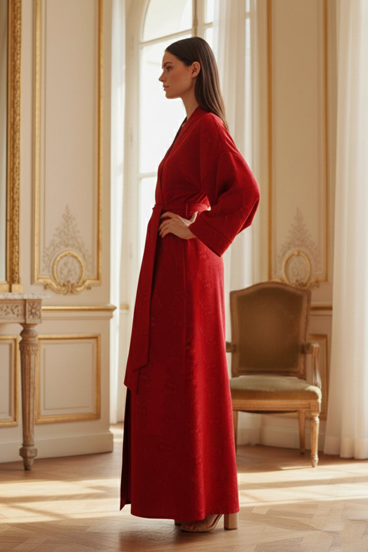 womens-red-robe, silk-kimono, Kyle-X-Shahida, elegant-robe, printed-silk-robe, luxury-silk, womens-fashion, red-kimono, silk-clothing, designer-robe