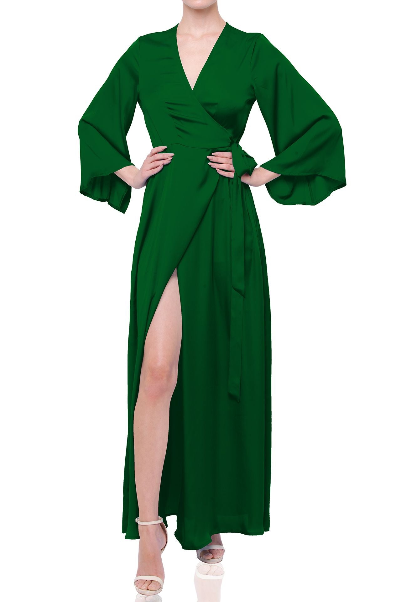 "green silk wrap dress" "wrap dress maxi long sleeve" "Kyle X Shahida" "wrap maxi dress green"
